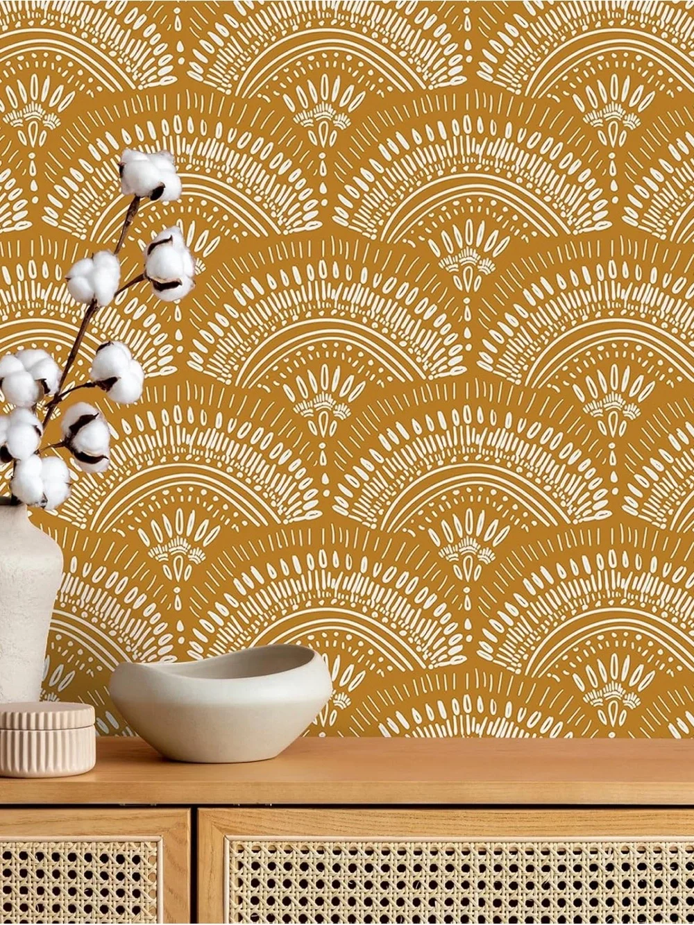 Boho Wallpaper with Scalloped Fans Motif in Yellow Ochre and White